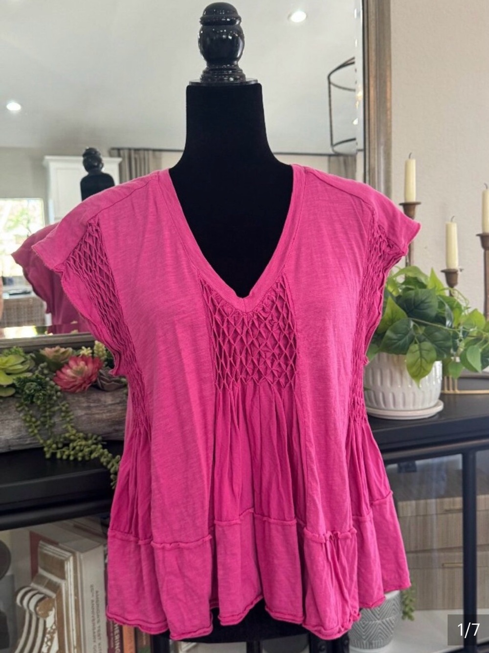 Women's Fuchsia Smocked V-Neck Peasant Top- Anthropologie